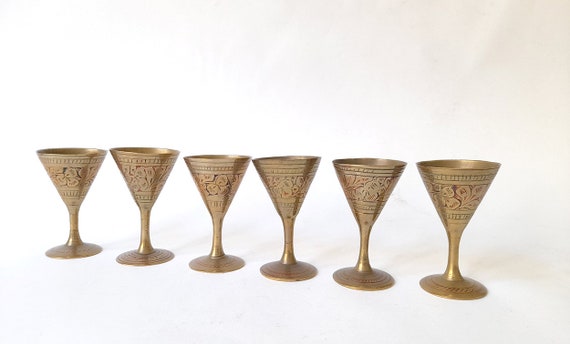 Lot De 6 Tasses à Thé Anciennes En Laiton - Gravées Main, Motif Floral, Vintage