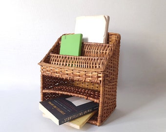 Vintage Small Floor Wicker Magazine/Book Rack. Vintage Wicker Rattan Book/Magazine Rack. Vintage Wicker Decoration.