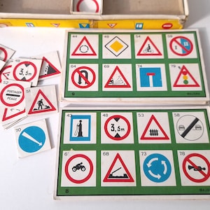 Vintage Komplette Box des Kinder lotto Spiel der Straßenschilder. Vintage LottoSpiel. Vintage Kinderspiel.