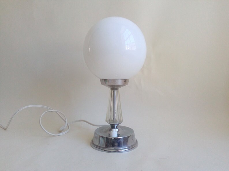 Vintage Table Desk Lamp In Chromed Metal Base And Acrylic With White Glass Lampshade From The 80s Decorative