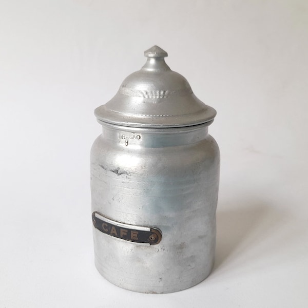 Small Very Old Aluminum Canister Covered Coffee - Café. Old Aluminium kitchen Storage Canister. Rustic Decoration.