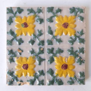Antique Portuguese Wall Ceramic Colored Tile in High Relief of the 40&#39;s. Vintage Wall Decorative Tile in High Relief.