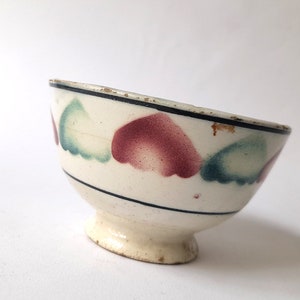 Antique Portuguese Ceramic Bowl. Very Old Ceramic Bowl Decorated in Heart Shapes in Shades of Green and Dark Red or Burgundy Color.