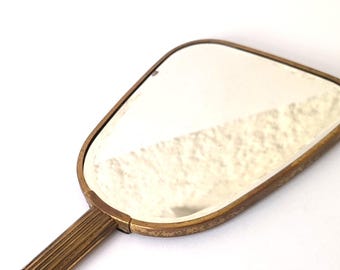 Vintage Hand Bevelled Mirror in Gold Metal Frame. Vintage Round Hair Styling Mirror. Vintage Decorative Mirror.