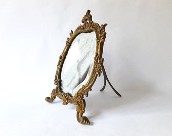 Vintage Adjustable Table Bevelled Mirror in Golden Metal Frame. Vintage Decorative Bevelled Mirror. Vintage Golden Metal Frame.