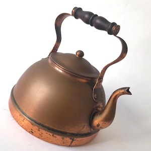 Vintage Brass Kettle with Wooden Handle. Vintage Rounded Brass Tea Pot. Vintage Rustic Decoration.