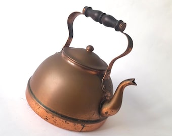 Vintage Brass Kettle with Wooden Handle. Vintage Rounded Brass Tea Pot. Vintage Rustic Decoration.