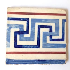 Vintage Portuguese Tile in Red and Blue Shades with Very Stylized Linear Geometric from 40&#39;s. Vintage Portuguese Tile.