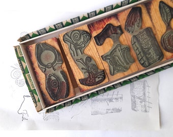 Vintage Complete School Box with Six Rubber Stamps About Human Body - Five Senses. Vintage Collectible Box of Stamps.