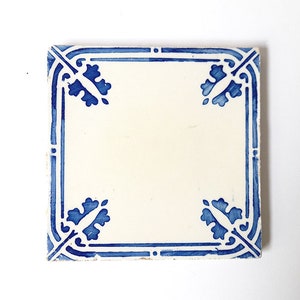 Vintage Portuguese Tile in Blue Shades with Very Stylized Geometric and Naturalistic Motif From 60's. Vintage Portuguese Tile.