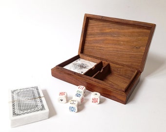 Vintage Wooden Box with Two Decks of Playing Cards and Five Dice. Vintage Complete Wooden Game Box.