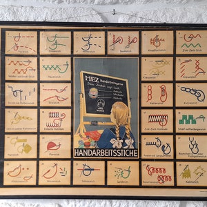 Póster antiguo original de la escuela educativa alemana sobre puntos de costura - Handarbeitsstiche. Gráfico de pared original de la escuela alemana vintage.