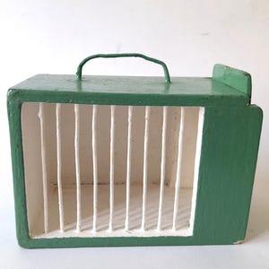 Very Old Wooden and Wire Small Bird Cage Green and White. Old Handmade Bird Cage. Decorative Vintage Birdcage.
