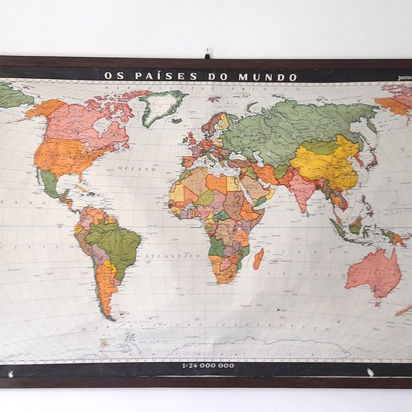 Original Vintage in Paper Over Fabric/Linen Pull Down Physical / Geographical Planisphere. Vintage School World Map. Vintage Wall Map.