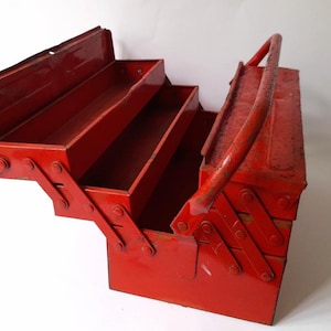 Old Industrial Articulated Rusty Red Metal Tool Box. Vintage Red Metal Adjustable Tool Box. Antique Metal Tool Box.