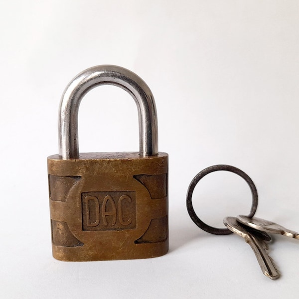 Vintage industrial Metal Padlock with Original Keys. Antique  Heavy Padlock. Vintage Tool.