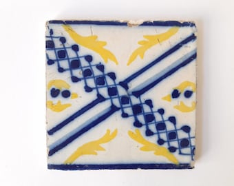 Antique Portuguese Wall Tile with Classic Pattern in Blue and Yellow Shades of the 40s. Portuguese Decorative Tile.