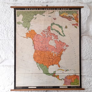 Original Vintage in Papier über Stoff / Leinen Nordamerika Karte. Vintage Geographisches Plakat Nordamerika. Vintage Schulkarte Nordamerika.