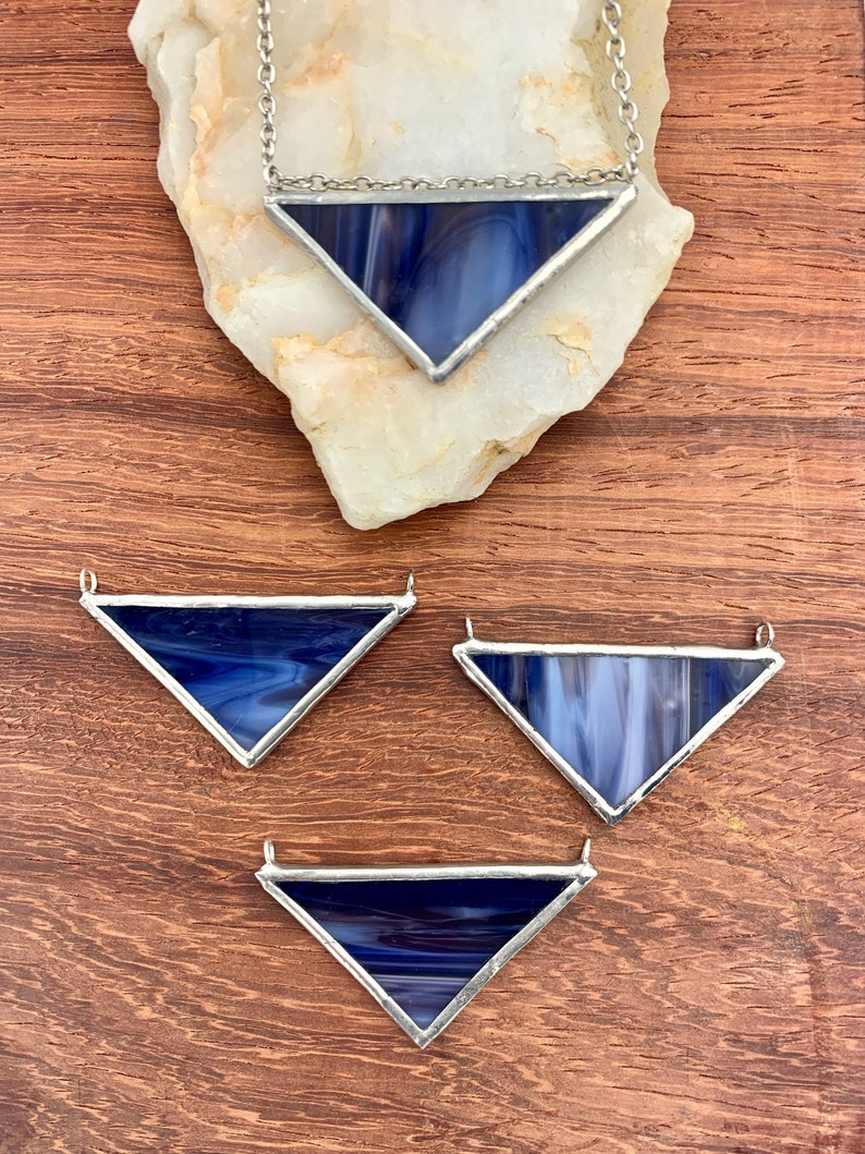 Custom Cool Tones Stained Glass Triangle Necklace with Nickel Chain and Lobster Clasp