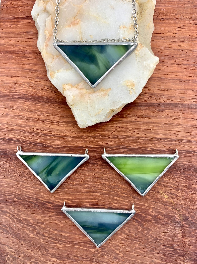 Custom Cool Tones Stained Glass Triangle Necklace with Nickel Chain and Lobster Clasp