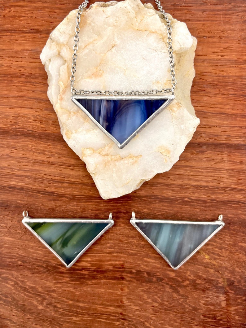 Custom Cool Tones Stained Glass Triangle Necklace with Nickel Chain and Lobster Clasp