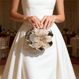 Puede incluir: Vestido de novia blanco con un clutch floral. El clutch es plateado con un gran diseño de flor dorada y brillante. El vestido es de un estilo sencillo y elegante.