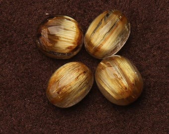 Ensemble de 4 cabochons de pierres précieuses ovales à dos plat en quartz rutilé en or naturel, cabochons pour la conception de bijoux faits main