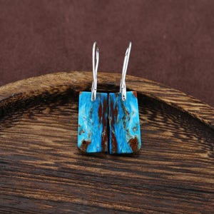 Brincos retangulares de opala azul peruana boho: pingentes de prata 925, brincos artesanais com pedras preciosas, joias vintage