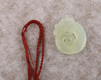 Hand-Carved Nephrite Jade Dragon Pendant, Natural Gemstone , Coiling Dragon, Handmade Jewelry, Asian Art Necklace