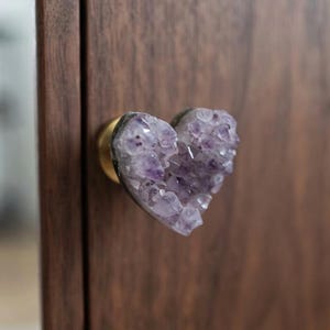 Natural Amethyst Crystal Cluster Knob, One and Only Heart Shaped Stone Pull, Brass Cabinet Handle, Healing Crystal Decor, Gift for Home