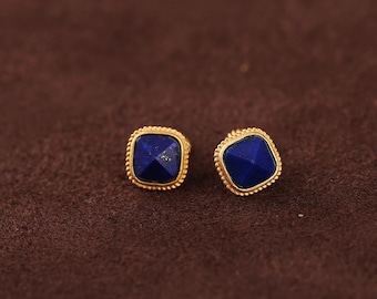 2pcs Lapis Lazuli Pyramid Stud Earrings Charm, 925 Silver With Gold Plating, Natural Gemstone Jewelry Accessories