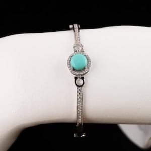 Silver Plated Turquoise Bangle, Handmade Natural Stone Halo Cuff, Bohemian Stacking Bracelet, Statement Gift for Women 19.5cm