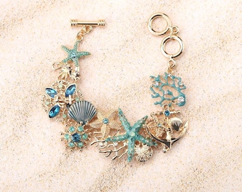 Pulseira com Estrela-do-mar e Concha Douradas | 18-20 cm | Pulseira com Pingente de Vida Marinha em Estilo Sereia | Presente de Praia