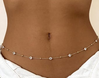 Dainty Clear Zircon Waist Chain | Minimalist Gold Tone Body Chain | Adjustable Beach Bikini Jewelry