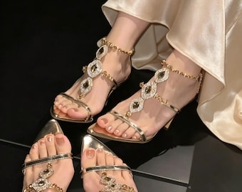 Luxury Gold Rhinestone High Heels, Gemstone Ankle Chain Stiletto, 8cm 10cm Sparkling Wedding Prom Shoes, Statement Evening Sandals for Her