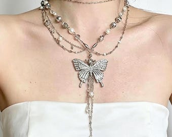 Convertible Butterfly Body Chain & Layered Necklace - Y2K Aesthetic Jewelry - Dainty Fairy Wings Tassel Belt - Adjustable 2-in-1 Accessory