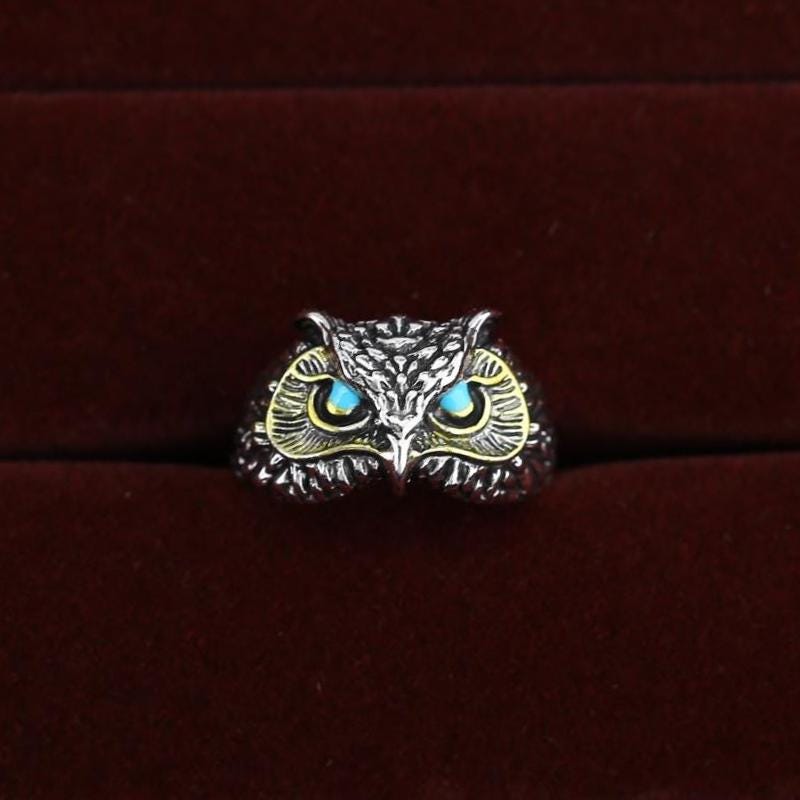 Turquoise Eye Owl Ring with Gold Accent | Adjustable Silver Tone Copper Ring | Unique Vintage Bird J