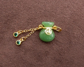 1PCS Green Jade Fu Bag Pendant Charm - Gold-plated Accessories Dainty Charm for Jewelry Making Inner Diameter 4mm