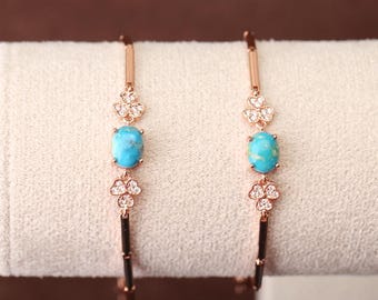 Sleeping Beauty Turquoise Bracelet | Rose Gold Bamboo Link Chain | Dainty Nature Gemstone Jewelry | Zircon Accents | Luxury Gemstone Gift