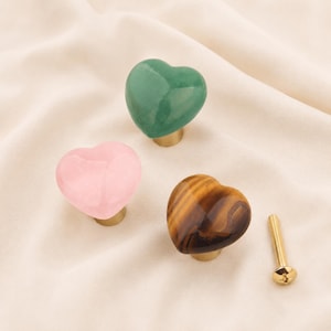 Natural Heart Gemstone Cabinet Knobs, Rose Quartz Drawer Pulls, Tiger Eye Furniture Hardware, Boho Nursery Decor, Brass Base, Set of 1