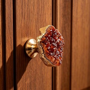 Luxurious Natural Caramel Citrine Cluster Brass Cabinet Knob Raw Crystal Drawer Pull Earthy Home Decor Furniture Hardware Gift - Set of 1