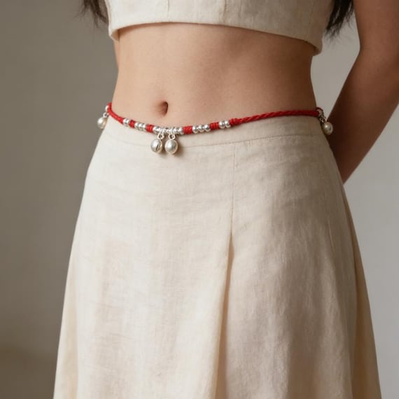 Red Cord Waist Chain with Silver Beads | Adjustable Red String Belly Chain | Minimalist Body Jewelry | Lucky Protection Charm Gift for Her