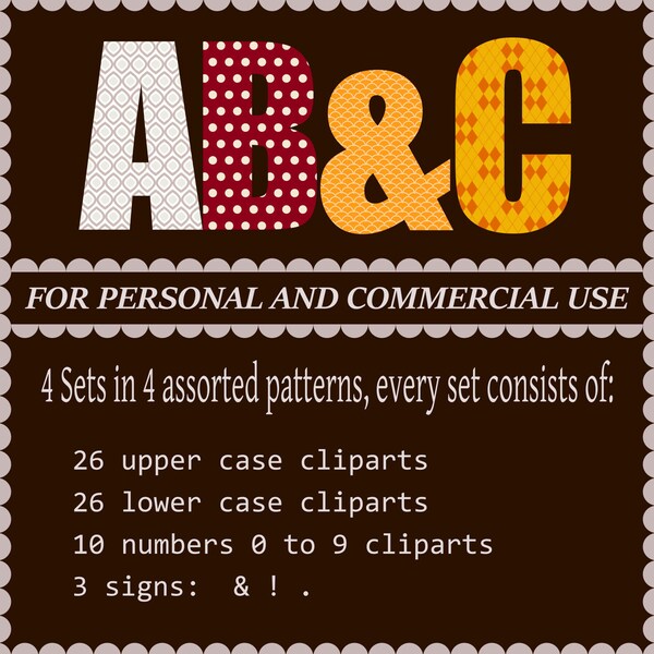 alphabet bundle 4 patterns upper loer case letters signs numbers personal commercial use dots gingham waves ovals red orange grey yellow set