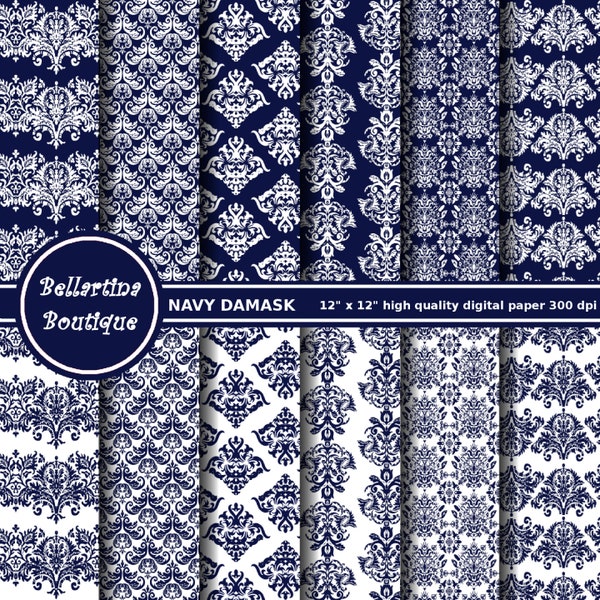 NAVY DAMASKS digital doll house paper printable decoupage paper instant download pattern background lace scrapbooking cards invitation navy