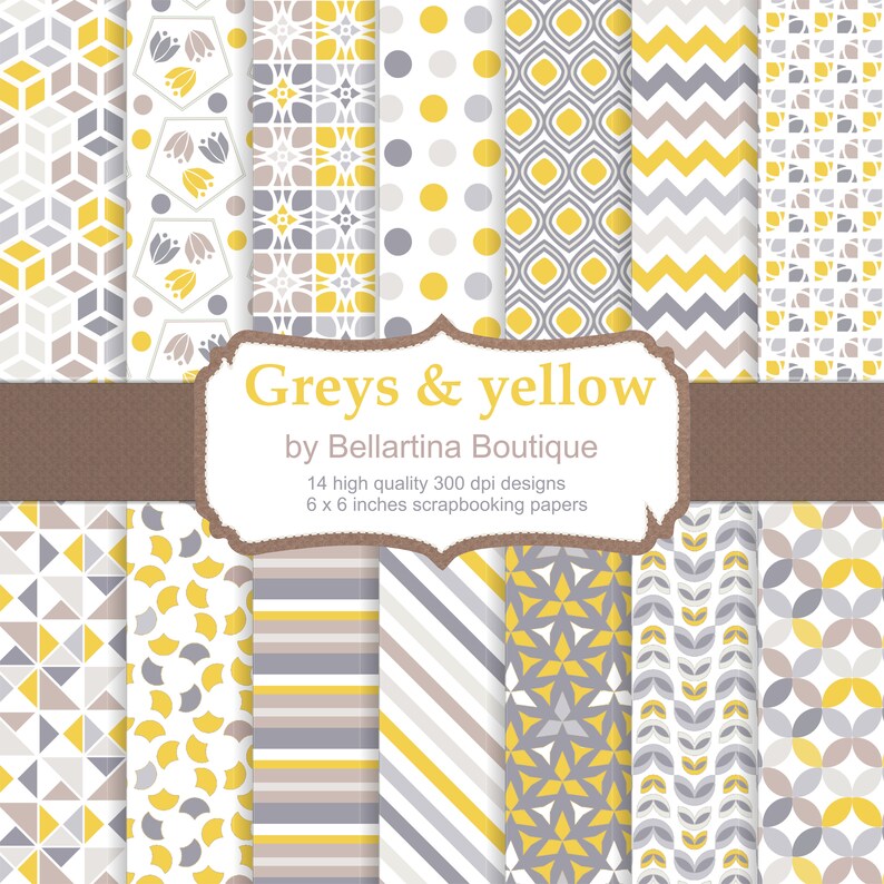 Greys and yellow scrapbooking geometric paper floral unisex hexagon chevron polka dots tulip lines party baby stag masculine boy man pattern