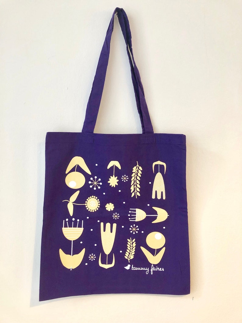 Violet cotton Tote Bag cotton with Scandi flowers print