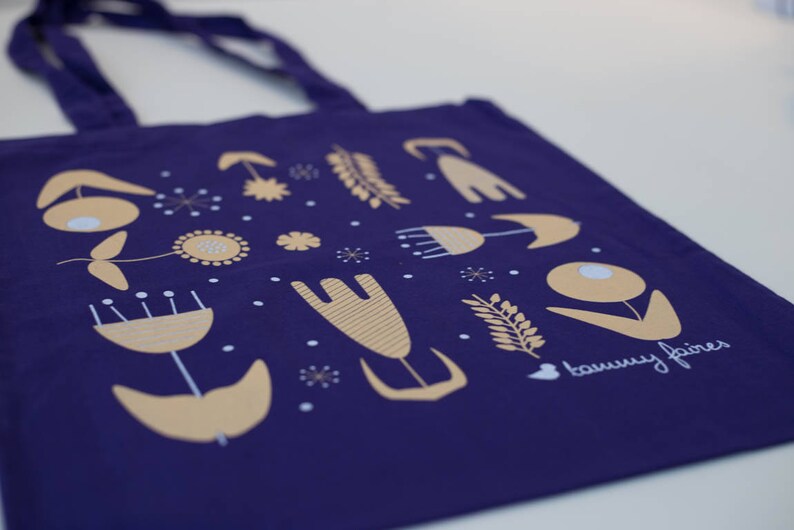 Violet cotton Tote Bag cotton with Scandi flowers print