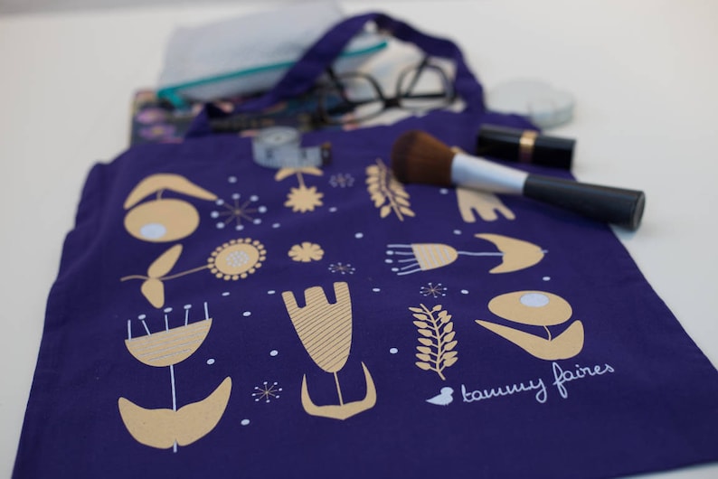 Violet cotton Tote Bag cotton with Scandi flowers print