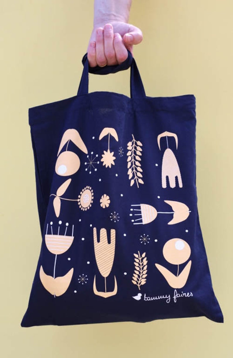 Violet cotton Tote Bag cotton with Scandi flowers print