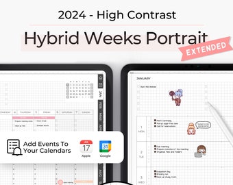 2024 Digital Planner with Google Calendar Links, Digital Planner All-in-One, Digital Planner 2024, Portrait Extended, High Contrast
